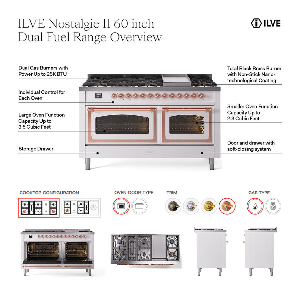 ILVE Nostalgie II 60" White Dual Fuel Range with 9 Burners and Griddle Triple Glass Door Liquid Propane