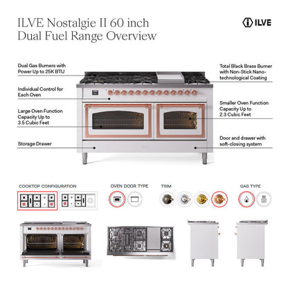 ILVE Nostalgie II 60" White Dual Fuel Range with 9 Burners and Griddle Triple Glass Door Liquid Propane