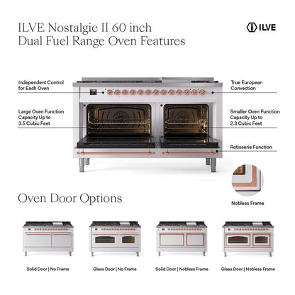 ILVE Nostalgie II 60" White Dual Fuel Range with 9 Burners and Griddle Triple Glass Door Liquid Propane
