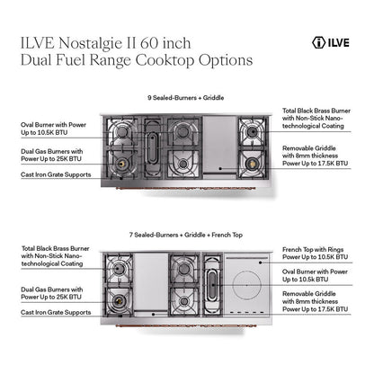 ILVE Nostalgie II 60" White Dual Fuel Range with 9 Burners and Griddle Triple Glass Door Liquid Propane
