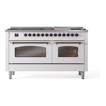 ILVE Nostalgie II 60" White Dual Fuel Range with 9 Burners and Griddle Triple Glass Door Liquid Propane