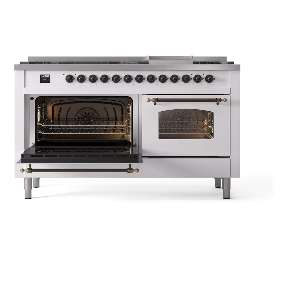 ILVE Nostalgie II 60" White Dual Fuel Range with 9 Burners and Griddle Triple Glass Door Liquid Propane