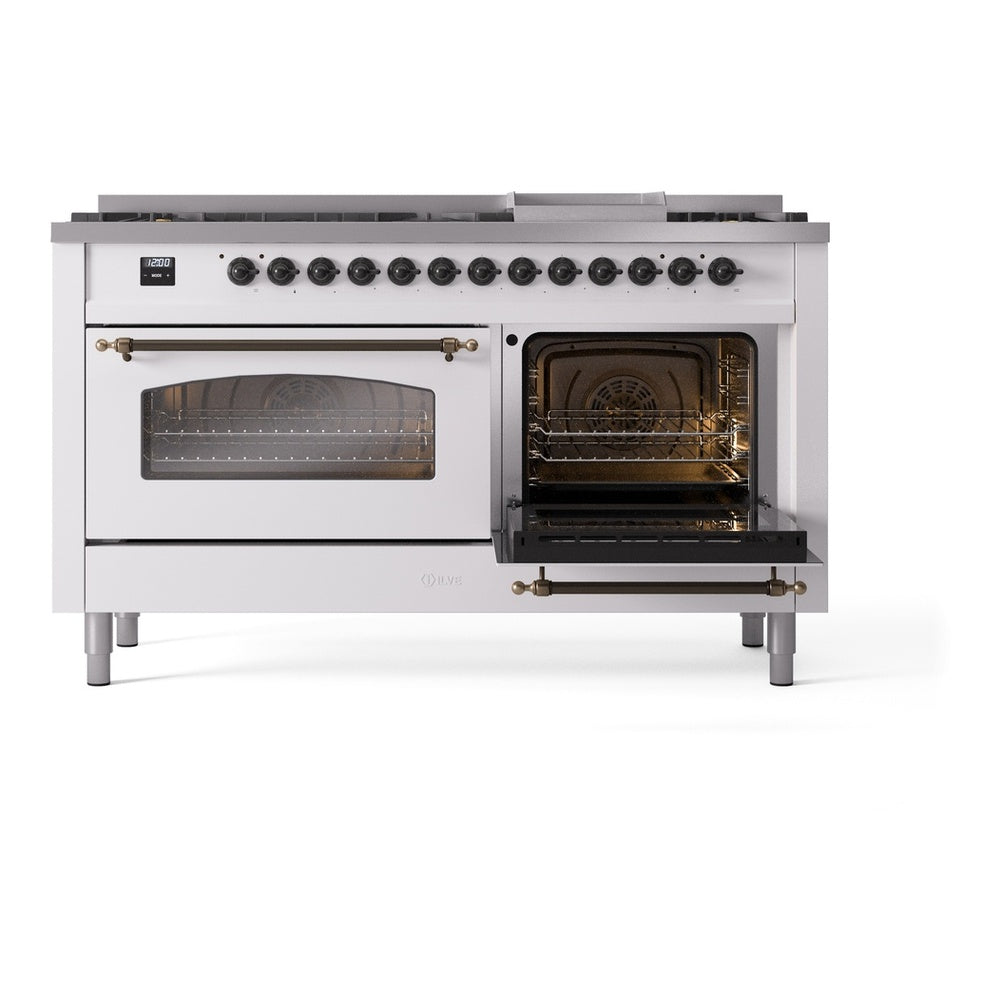 ILVE Nostalgie II 60" White Dual Fuel Range with 9 Burners and Griddle Triple Glass Door Liquid Propane