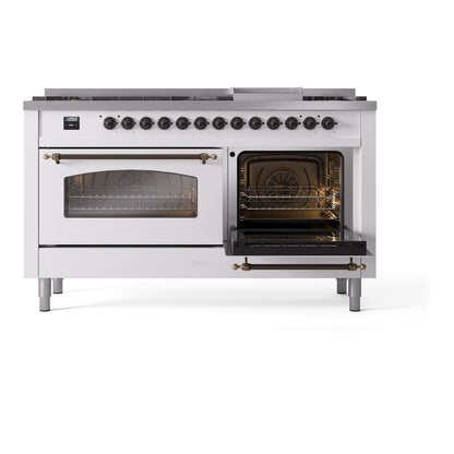 ILVE Nostalgie II 60" White Dual Fuel Range with 9 Burners and Griddle Triple Glass Door Liquid Propane