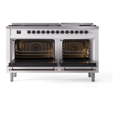 ILVE Nostalgie II 60" White Dual Fuel Range with 9 Burners and Griddle Triple Glass Door Natural Gas