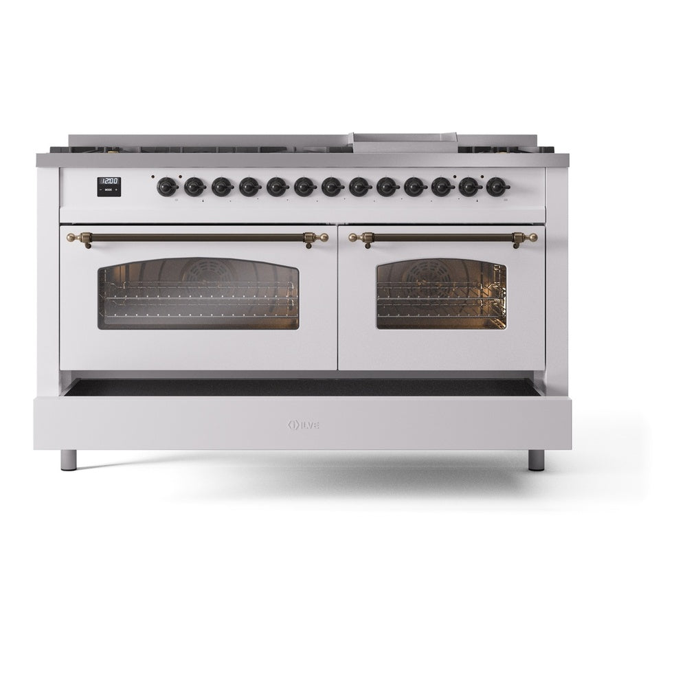 ILVE Nostalgie II 60" White Dual Fuel Range with 9 Burners and Griddle Triple Glass Door Natural Gas