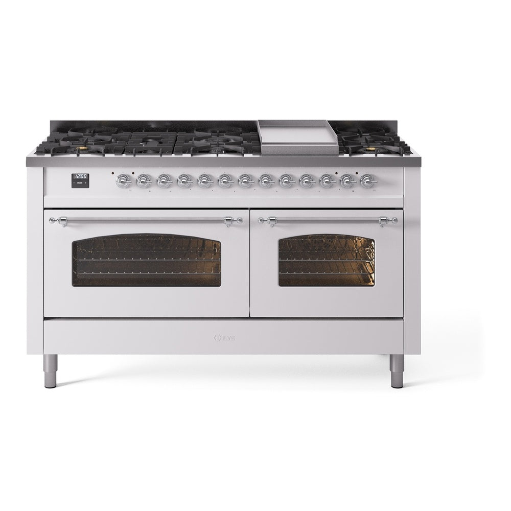 ILVE Nostalgie II 60" White Dual Fuel Range with 9 Burners and Griddle Triple Glass Door Liquid Propane