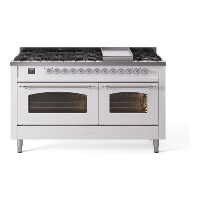 ILVE Nostalgie II 60" White Dual Fuel Range with 9 Burners and Griddle Triple Glass Door Liquid Propane