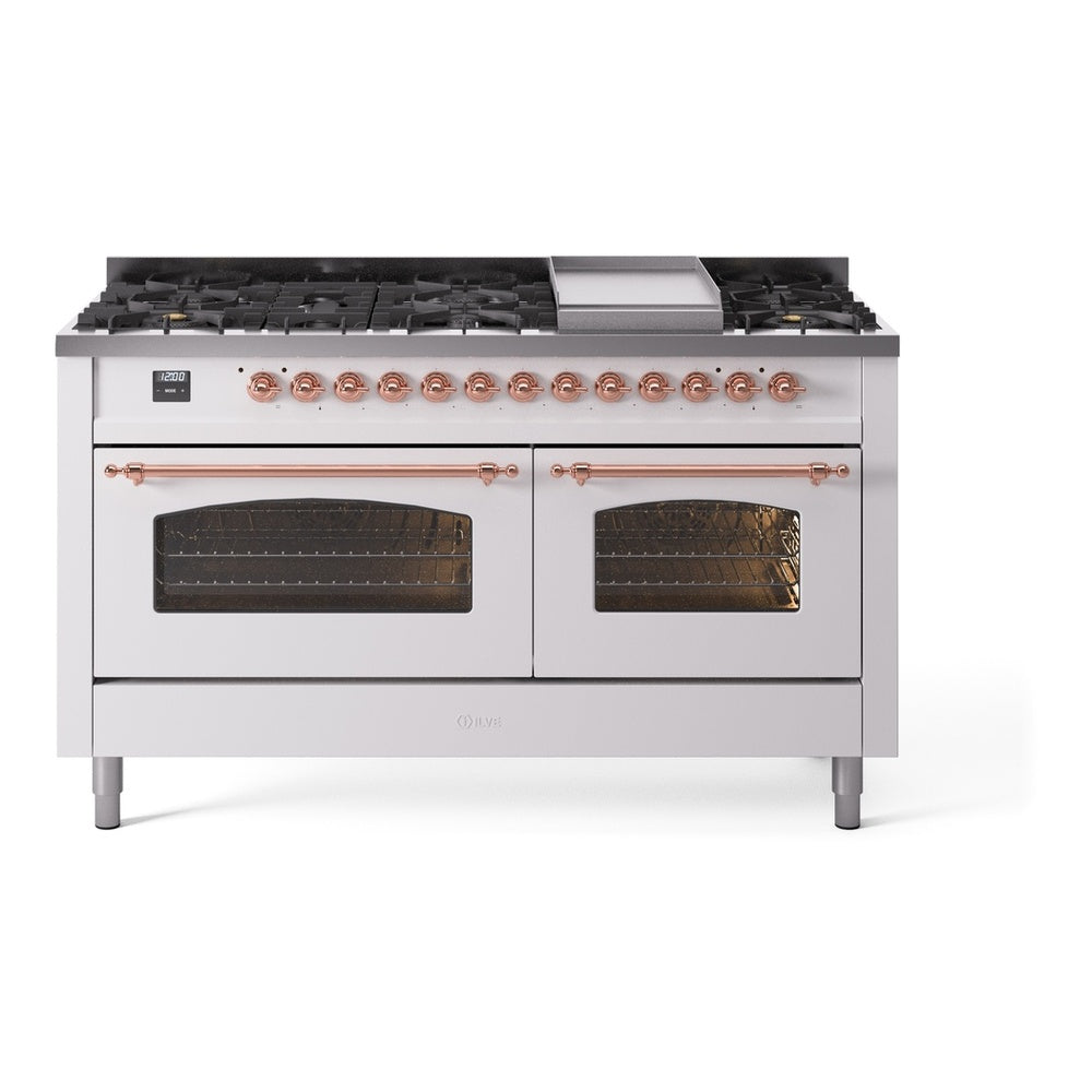 ILVE Nostalgie II 60" White Dual Fuel Range with 9 Burners and Griddle Triple Glass Door Liquid Propane
