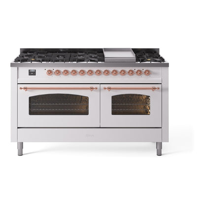 ILVE Nostalgie II 60" White Dual Fuel Range with 9 Burners and Griddle Triple Glass Door Natural Gas