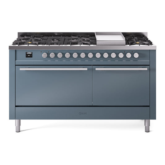 ILVE Professional Plus II 60" Dual Fuel Range with 9 Burners and Griddle Solid Door Natural Gas