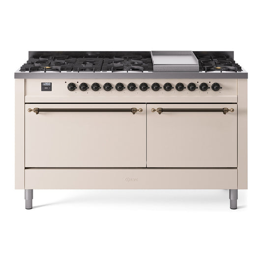 ILVE Nostalgie II 60" Antique White Dual Fuel Range with 9 Burners and Griddle Solid Door Liquid Propane