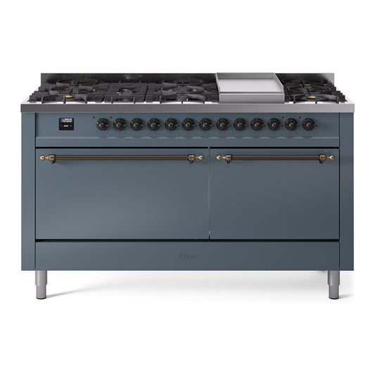 ILVE Nostalgie II 60" Blue Grey Dual Fuel Range with 9 Burners and Griddle Solid Door Natural Gas
