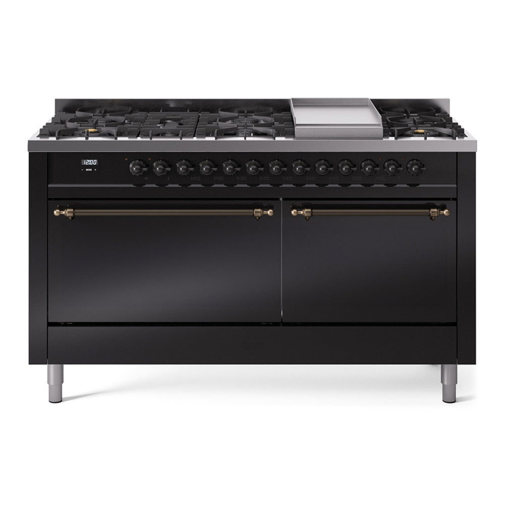 ILVE Nostalgie II 60" Glossy Black Dual Fuel Range with 9 Burners and Griddle Solid Door Natural Gas