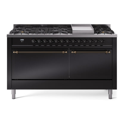 ILVE Nostalgie II 60" Glossy Black Dual Fuel Range with 9 Burners and Griddle Solid Door Natural Gas