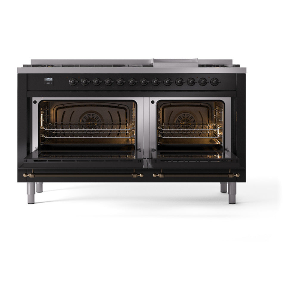 ILVE Nostalgie II 60" Glossy Black Dual Fuel Range with 9 Burners and Griddle Solid Door Natural Gas