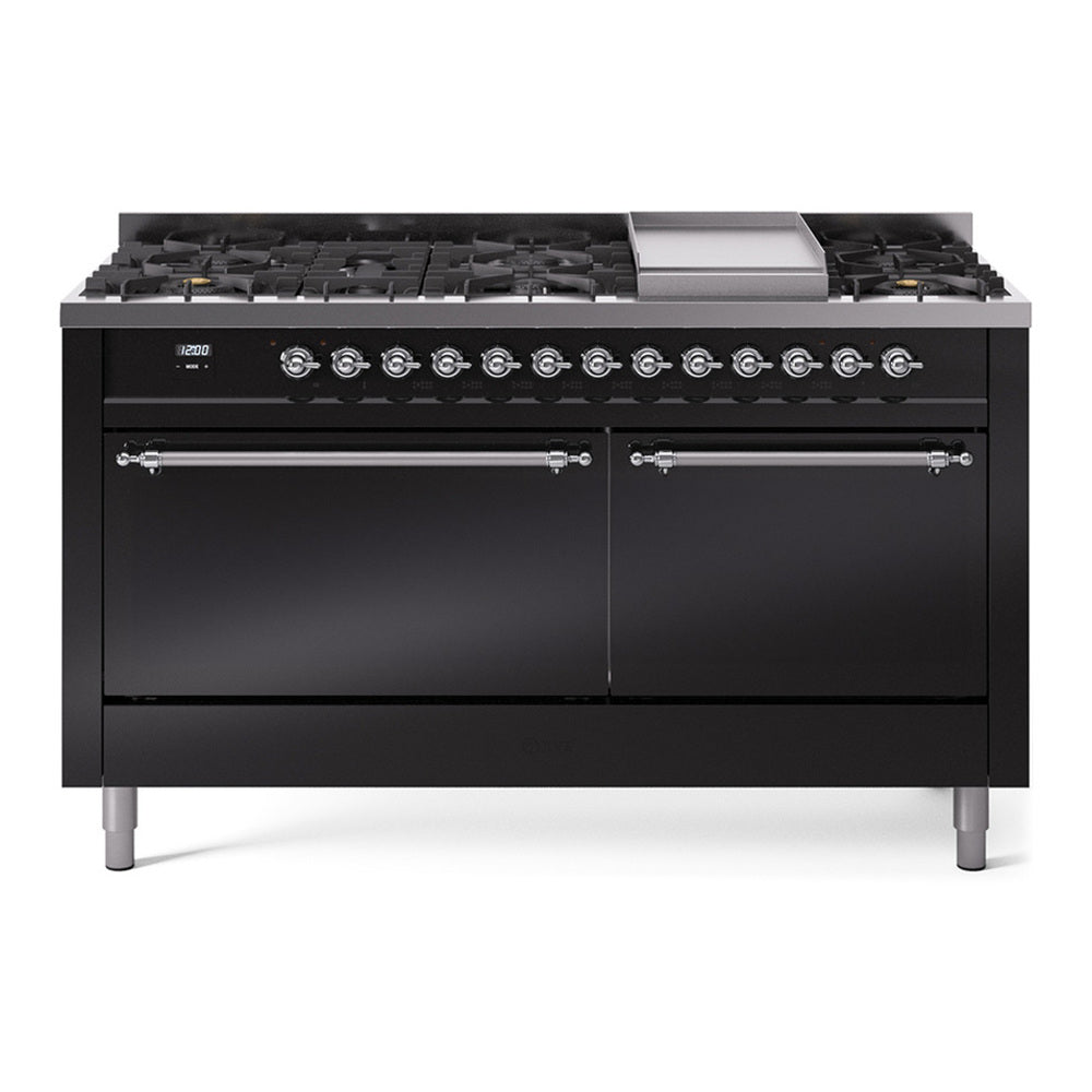 ILVE Nostalgie II 60" Glossy Black Dual Fuel Range with 9 Burners and Griddle Solid Door Natural Gas