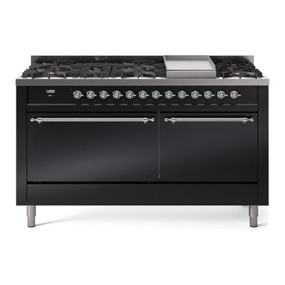 ILVE Nostalgie II 60" Glossy Black Dual Fuel Range with 9 Burners and Griddle Solid Door Natural Gas