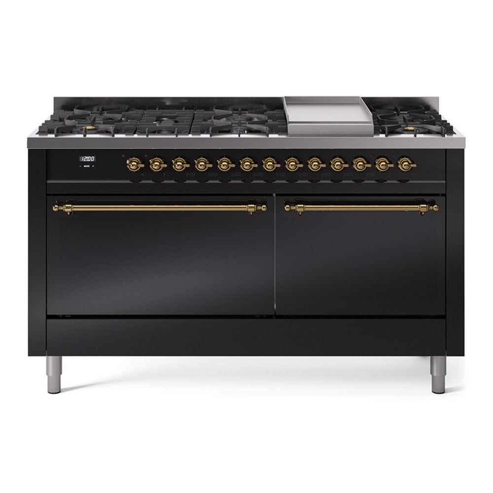 ILVE Nostalgie II 60" Glossy Black Dual Fuel Range with 9 Burners and Griddle Solid Door Natural Gas