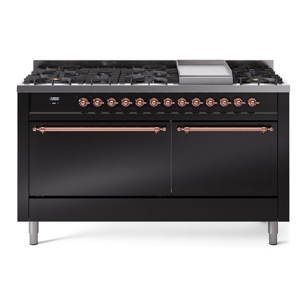 ILVE Nostalgie II 60" Glossy Black Dual Fuel Range with 9 Burners and Griddle Solid Door Natural Gas