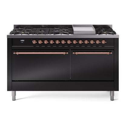ILVE Nostalgie II 60" Glossy Black Dual Fuel Range with 9 Burners and Griddle Solid Door Natural Gas