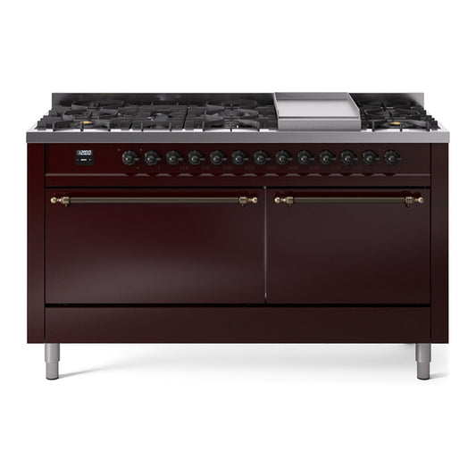 ILVE Nostalgie II 60" Burgundy Dual Fuel Range with 9 Burners and Griddle Solid Door Liquid Propane