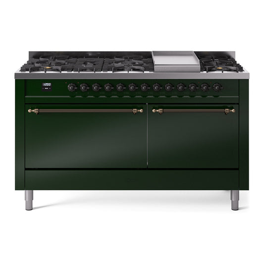 ILVE Nostalgie II 60" Emerald Green Dual Fuel Range with 9 Burners and Griddle Solid Door Natural Gas