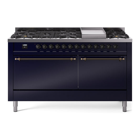ILVE Nostalgie II 60" Midnight Blue Dual Fuel Range with 9 Burners and Griddle Solid Door Liquid Propane