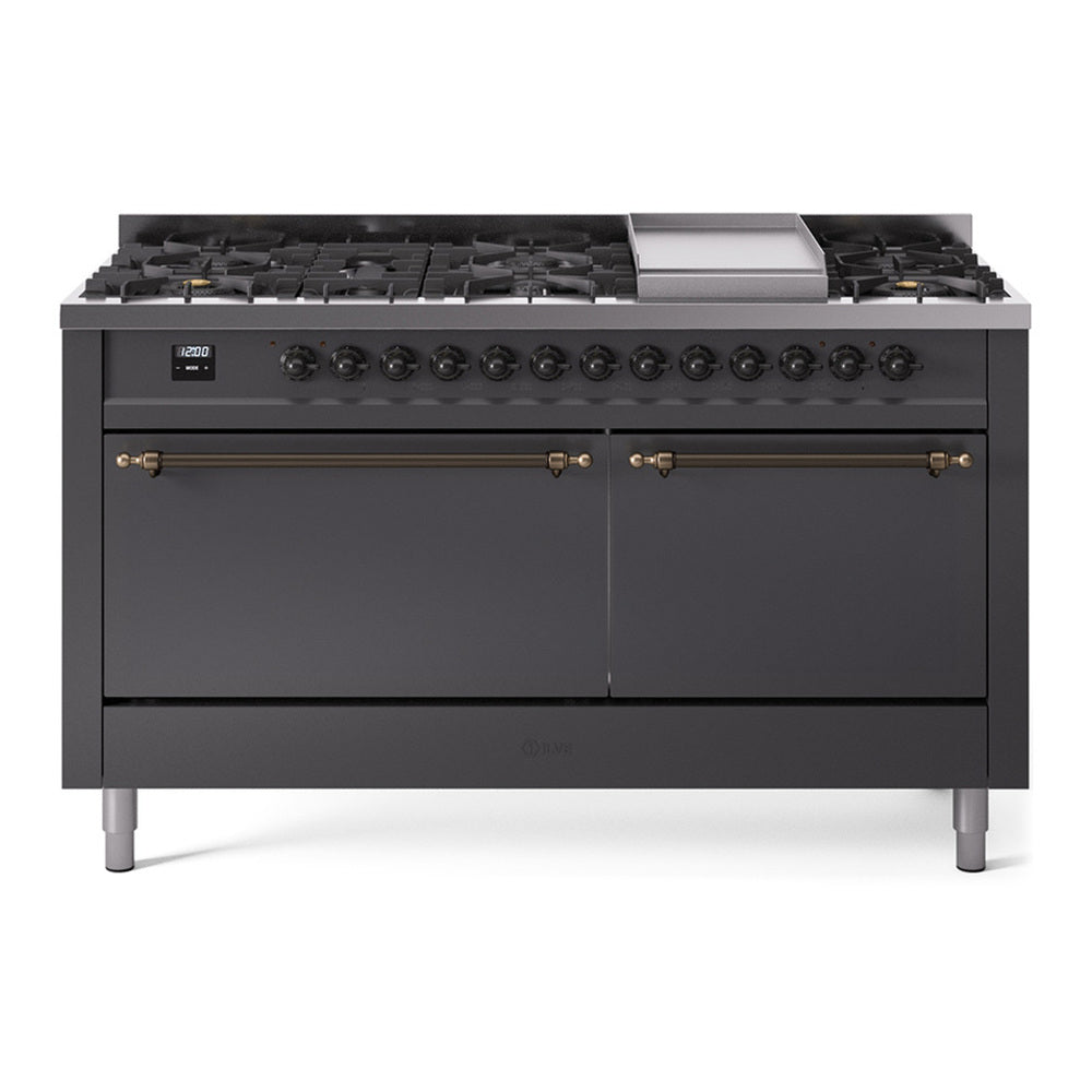 ILVE Nostalgie II 60" Graphite Matte Dual Fuel Range with 9 Burners and Griddle Solid Door Liquid Propane