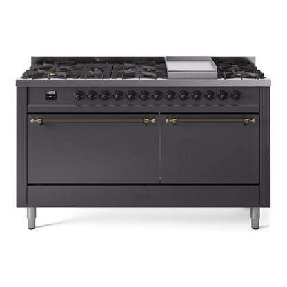 ILVE Nostalgie II 60" Graphite Matte Dual Fuel Range with 9 Burners and Griddle Solid Door Liquid Propane