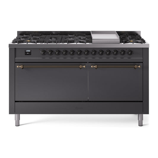 ILVE Nostalgie II 60" Graphite Matte Dual Fuel Range with 9 Burners and Griddle Solid Door Liquid Propane