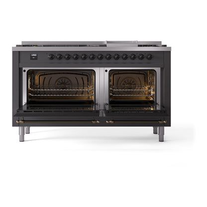 ILVE Nostalgie II 60" Graphite Matte Dual Fuel Range with 9 Burners and Griddle Solid Door Liquid Propane