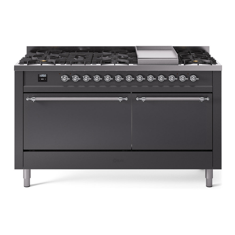 ILVE Nostalgie II 60" Graphite Matte Dual Fuel Range with 9 Burners and Griddle Solid Door Liquid Propane
