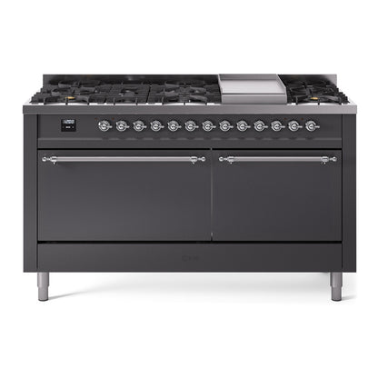 ILVE Nostalgie II 60" Graphite Matte Dual Fuel Range with 9 Burners and Griddle Solid Door Liquid Propane