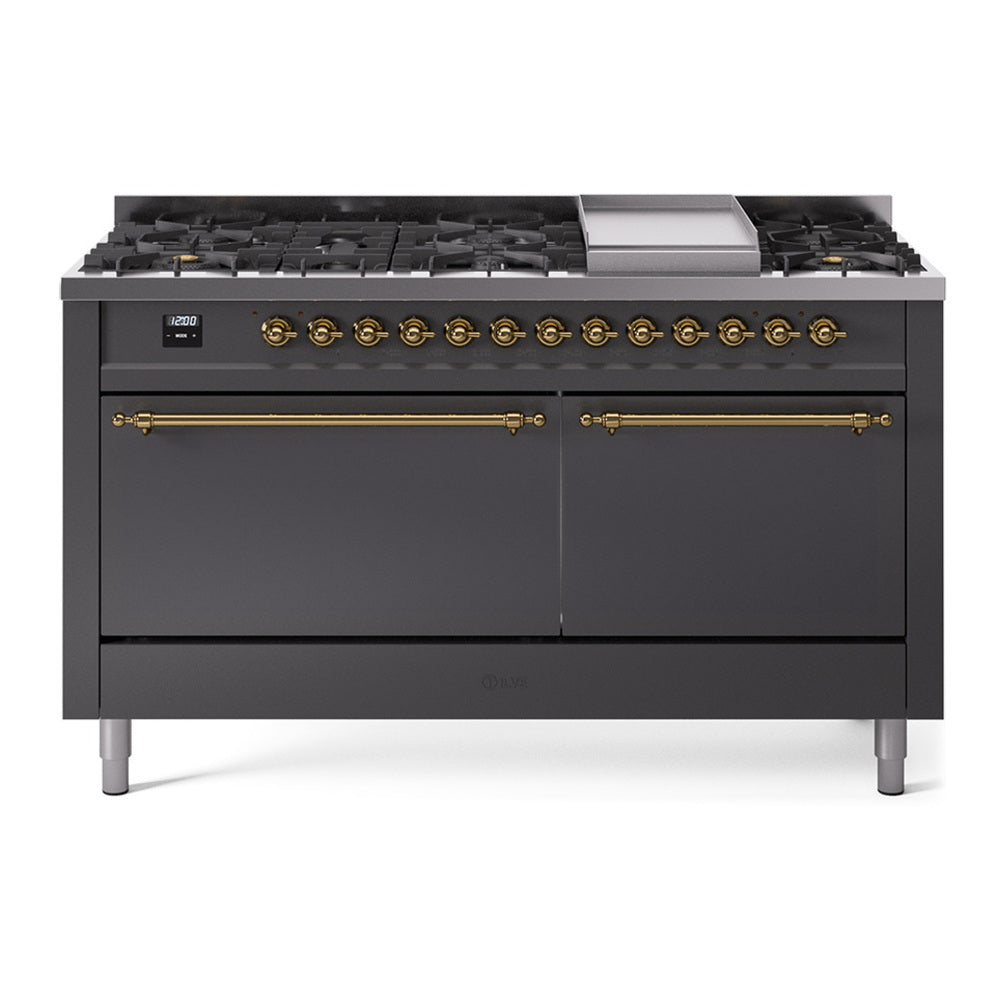 ILVE Nostalgie II 60" Graphite Matte Dual Fuel Range with 9 Burners and Griddle Solid Door Liquid Propane