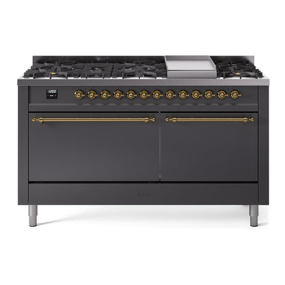ILVE Nostalgie II 60" Graphite Matte Dual Fuel Range with 9 Burners and Griddle Solid Door Liquid Propane