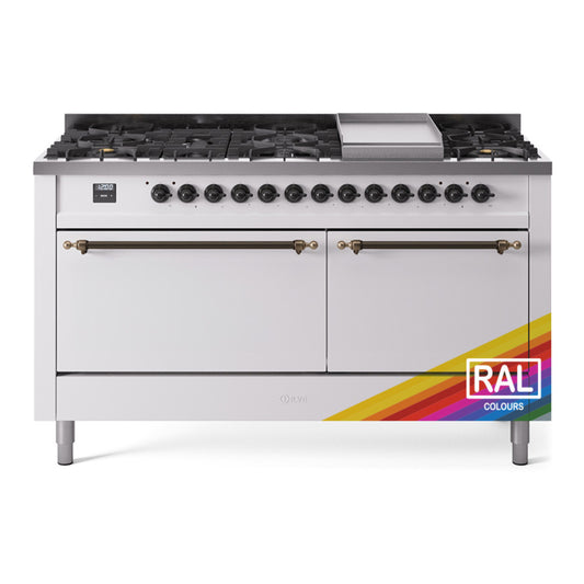 ILVE Nostalgie II 60" RAL Dual Fuel Range with 9 Burners and Griddle Solid Door Natural Gas