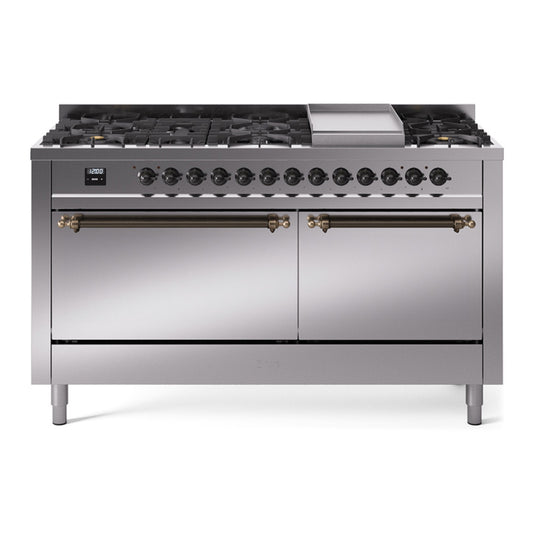 ILVE Nostalgie II 60" Stainless Steel Dual Fuel Range with 9 Burners and Griddle Solid Door Liquid Propane