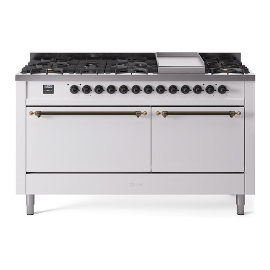 ILVE Nostalgie II 60" White Dual Fuel Range with 9 Burners and Griddle Solid Door Liquid Propane