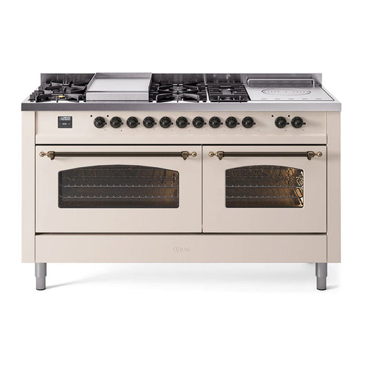 ILVE Nostalgie II 60" Antique White Dual Fuel Range with 7 Burners, Griddle and French Top Triple Glass Door Natural Gas