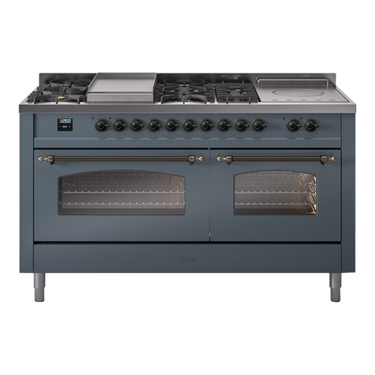 ILVE Nostalgie II 60" Blue Grey Dual Fuel Range with 7 Burners, Griddle and French Top Triple Glass Door Natural Gas