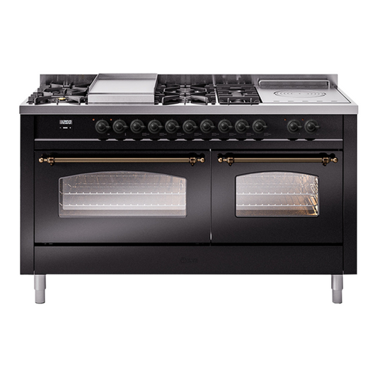 ILVE Nostalgie II 60" Glossy Black Dual Fuel Range with 7 Burners, Griddle and French Top Triple Glass Door Liquid Propane