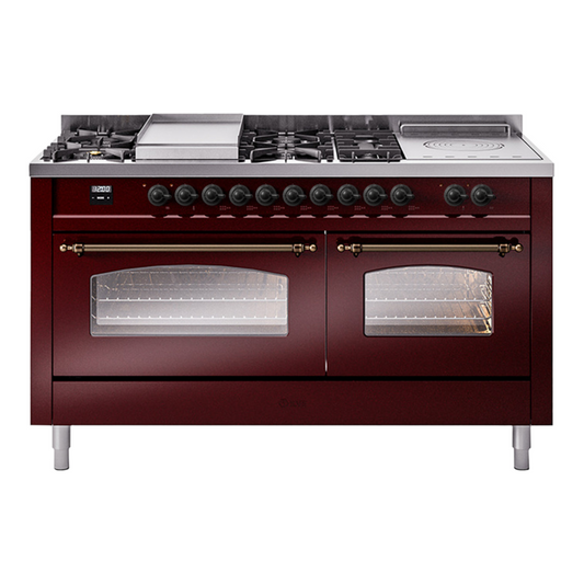 ILVE Nostalgie II 60" Burgundy Dual Fuel Range with 7 Burners, Griddle and French Top Triple Glass Door Natural Gas