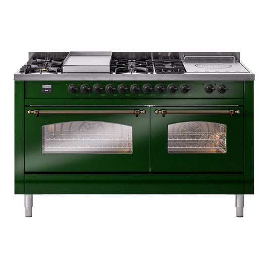 ILVE Nostalgie II 60" Emerald Green Dual Fuel Range with 7 Burners, Griddle and French Top Triple Glass Door Liquid Propane
