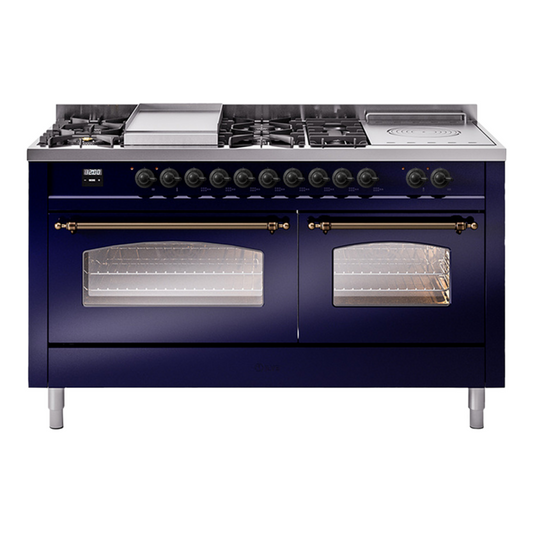 ILVE Nostalgie II 60" Midnight Blue Dual Fuel Range with 7 Burners, Griddle and French Top Triple Glass Door Natural Gas