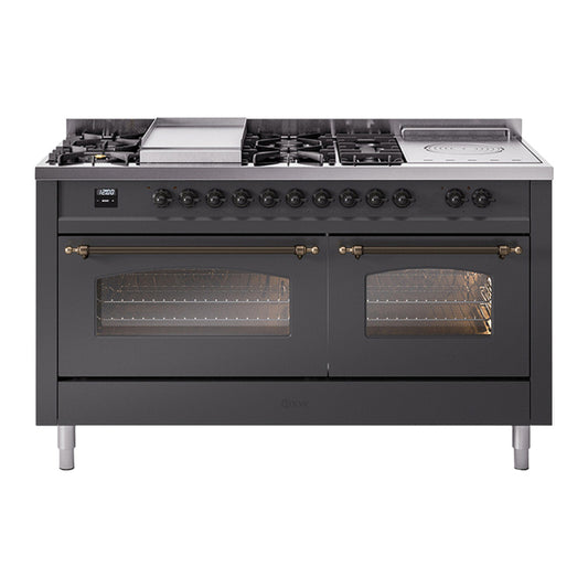 ILVE Nostalgie II 60" Graphite Matte Dual Fuel Range with 7 Burners, Griddle and French Top Triple Glass Door Liquid Propane