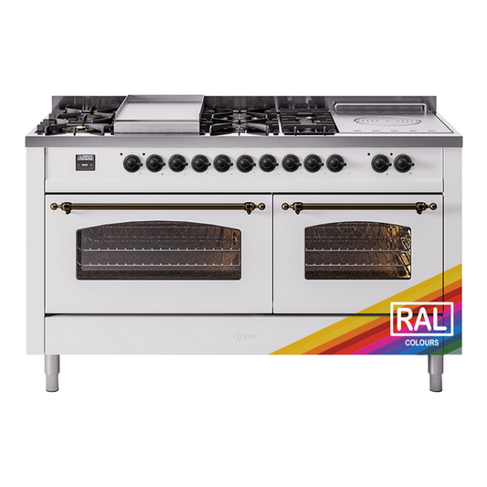 ILVE Nostalgie II 60" RAL Dual Fuel Range with 7 Burners, Griddle and French Top Triple Glass Door Liquid Propane