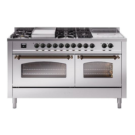 ILVE Nostalgie II 60" Stainless Steel Dual Fuel Range with 7 Burners, Griddle and French Top Triple Glass Door Natural Gas