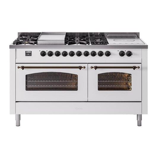 ILVE Nostalgie II 60" White Dual Fuel Range with 7 Burners, Griddle and French Top Triple Glass Door Liquid Propane