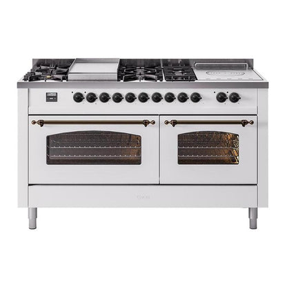 ILVE Nostalgie II 60" White Dual Fuel Range with 7 Burners, Griddle and French Top Triple Glass Door Natural Gas